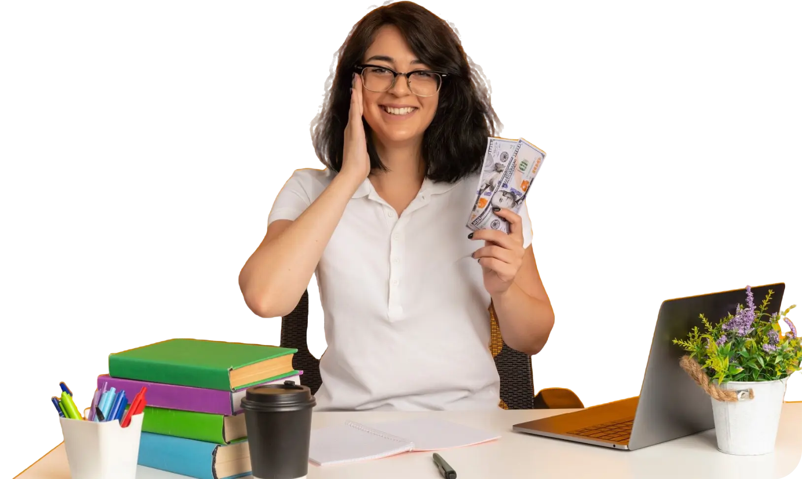Young smiling pretty caucasian schoolgirl wearing glasses sits desk with school tools puts hand face holds money isolated orange space with copy space.webp